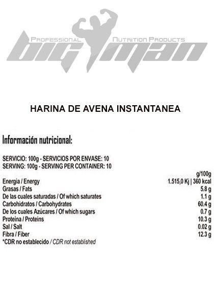 Harina de avena instantanea bigman informacion nutricional 1kg